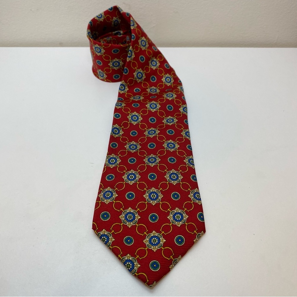 BURBERRY Vintage Rosette Geometric Floral Print Silk Neck Tie Red Gold Green